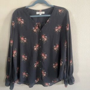 LOFT Women's Floral Button-Up Blouse - Black and Pink